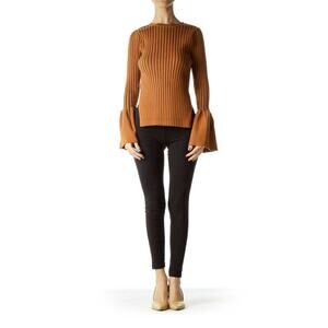 Few Moda Ribbed Bell Sleeve Sweater Blouse Brown
